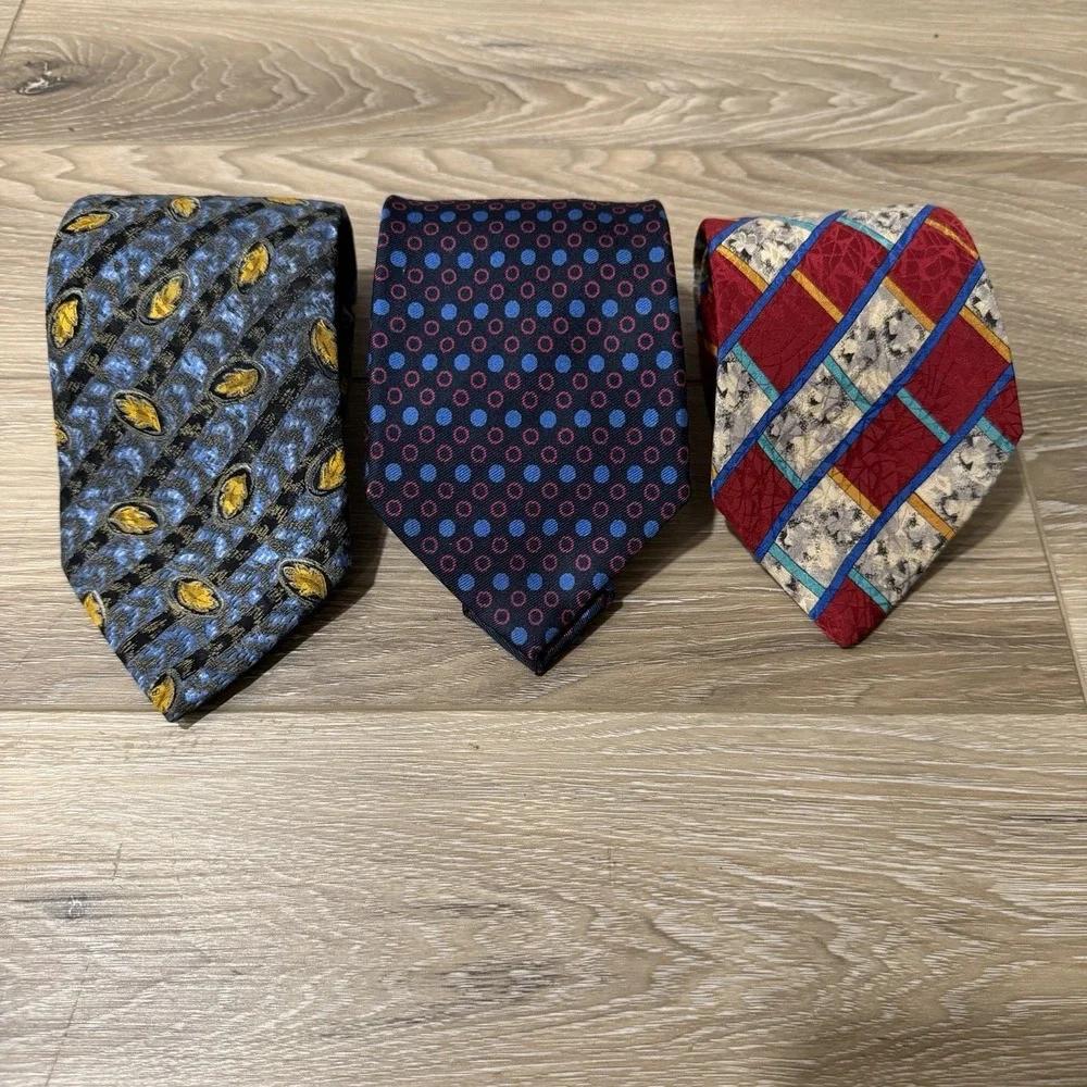 LOT OF 3 Brioni Italy Men's Silk Ties Blue Gold Floral Batik & Geometric Red
